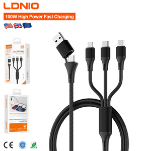 Cable de Carga Rápida LDNIO LC97uc 2 en 3, <span class=keywords><strong>USB</strong></span>-A+Tipo-C, <span class=keywords><strong>Entrada</strong></span> Dual, 100W de Alta Potencia, Cable Trenzado Multipuerto de 1.2M, Venta al Por Mayor - Product Image 1