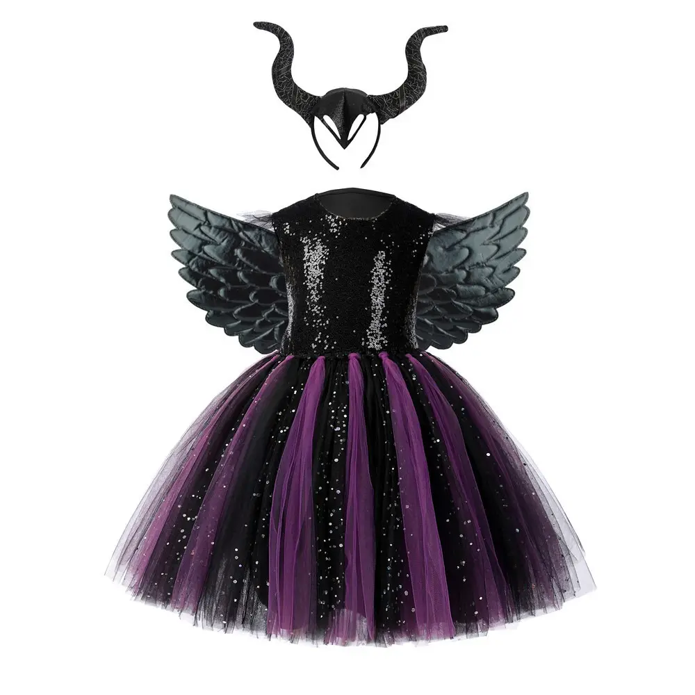 2024 Halloween Girls Witch Costume Evil Witch Dress with Horns Wings Kids Carnival Party Cosplay Outfit