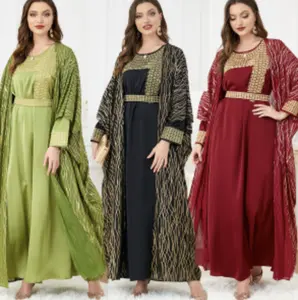 2023 Thời Trang Thanh Lịch Giản Dị Hồi Giáo Phụ Nữ Của Dresses Abaya Cho Phụ Nữ Sang Trọng 2 Mảnh Hồi Giáo Bộ Thêu Kimono Ma-rốc Kaftan