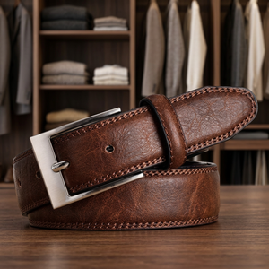 Ceinture en cuir pleine fleur vieilli style occidental européen, faite à la main, en cuir de vachette, avec boucle carrée en acier et motif tête de mort – Meilleure vente - Product Image 1