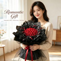Bouquet de grandes roses rouges préservées OEM, emballage noir, roses éternelles nouées à la main pour la Saint-Valentin, anniversaire, souvenir, vente en gros