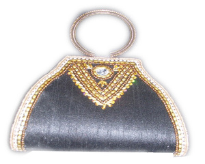 Lowellcraft Beaded Half <b>Moon</b> Satin Clutch with <b>Ring</b> Handle for Evening Party - Product Image 1
