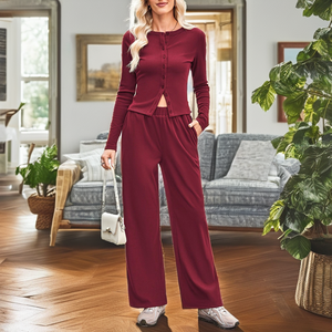 Nouveautés Channel Automne 2025 – Ensemble 2 pièces décontracté pour femme : Haut côtelé à manches longues boutonné et pantalon large, écoresponsable - Product Image 2