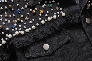 Cappotto di lusso da <span class=keywords><strong>donna</strong></span> con perla e diamanti manica lunga giacca in Denim con perline - Product Image 5