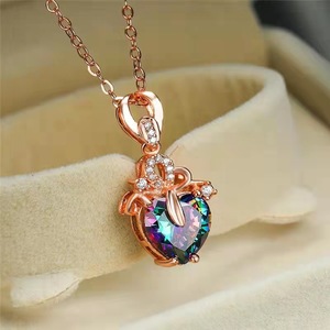 Heart-Shaped Rainbow Pendant Necklace With Imitation Tourmaline Zinc Alloy Claw Setting For Women Gift Jewelry - Product Image 4