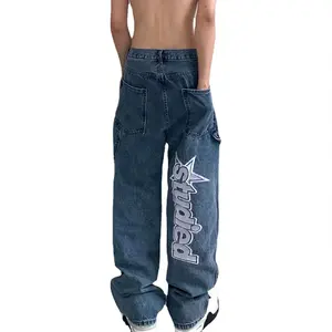 Streetwear personnalisé avec lettres brodées jeans en denim bleu délavé coupe ample pantalon à jambe droite unisexe