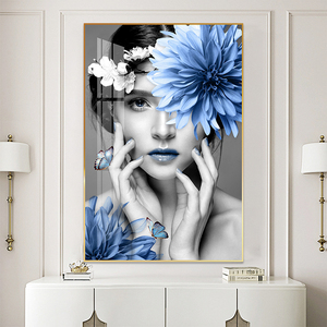 Belle <span class=keywords><strong>femme</strong></span> avec une décoration murale de fleurs bleues et blanches, toile conçue sur toile, <span class=keywords><strong>peinture</strong></span> d'affiche pour <span class=keywords><strong>la</strong></span> décoration de <span class=keywords><strong>la</strong></span> pièce et de <span class=keywords><strong>la</strong></span> maison - Product Image 2