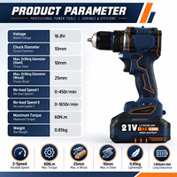 Perceuse-visseuse sans fil OEM 16,8 V sans balais, batterie Li-ion, mandrin auto-serrant 10 mm, vitesse variable 2 vitesses, couple max. 60 Nm, pour la construction