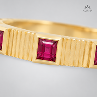 Cincin Perak Sterling 925 Berlapis Emas 14K dengan Zirkon Pink Persegi Model Fluted Band Setting Flush untuk Wanita Pernikahan