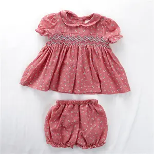 Summer Wholesale Smocked Dress Baby Girls Smocked Sets 2 Pcs Floral Embroidery Kids Outfit Hand Made B14765