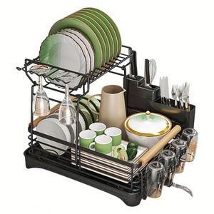 2-Tier <b>Kitchen</b> Sink Dish Rack Drainer Unique <b>Storage</b> Shelf Dish Drying Rack Container Utensil Double Tiers Dish Rack for <b>Kitchen</b> - Product Image 5