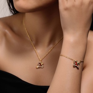 1PC Nuevo Set de Lujo de 3 Piezas de Acero Inoxidable Rojo con Diamantes de Imitación de Caballo, Chapado en Oro de 18K, Collar, Pulsera y Pendientes para Fiesta de Año Nuevo y Zodíaco - Product Image 5