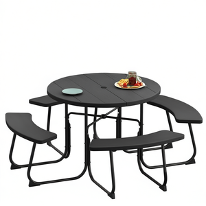 Ensemble de table de pique-nique de jardin d'extérieur avec trou pour parasol, 8 personnes, cadre en acier et plastique, design contemporain, noir - Product Image 1