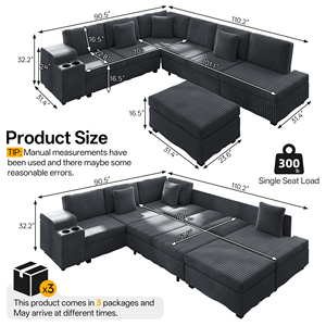 Modern L-Shaped Sectional <b>Sofa</b> Set Removable Ottoman Convertible Sleeper Hidden Armrest <b>Storage</b> USB Charging Cup Holders - Product Image 3