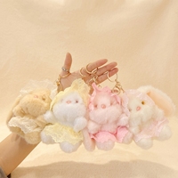 En gros, Porte-clés en peluche lapin Kawaii en dentelle avec bonnet et robe, jouet lapin en peluche doux, pendentif pour sac à dos, breloques cadeau d'anniversaire