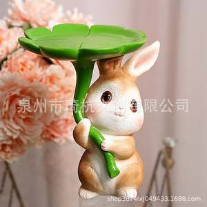 Figurine de lapin en résine, artisanat mignon, lapin avec parapluie en feuille de lotus, décoration de maison, ornement de bureau, organisateur de clés, cadeau artistique - Product Image 4