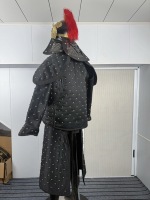 Veste d'armure rivetée de style soldat chinois ancien, costume de guerrier en tissu noir, casque de bête dorée, plume rouge, historique
