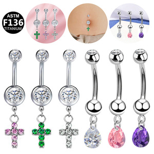 Anneau de nombril en titane avec pendentif croix, alliage de titane G23 de qualité médicale, bijoux de piercing, cadeau unisexe - Product Image 1