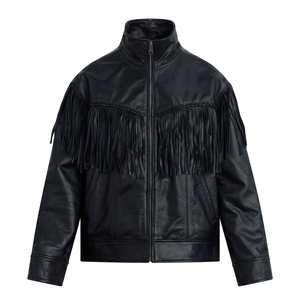 เสื้อแจ็คเก็ตหนังวัวสีดำสำหรับผู้ชาย แต่งขอบด้วยพู่ คอตั้ง ปิดด้วยซิป กันลม เป็นมิตรกับสิ่งแวดล้อม ระบายอากาศได้ดี สไตล์นักขี่มอเตอร์ไซค์ สำหรับฤดูหนาว - Product Image 1