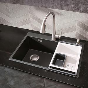 Fregadero de cocina grande negro de un solo seno de piedra de cuarzo para lavado de verduras, para instalar sobre o bajo encimera - Product Image 1