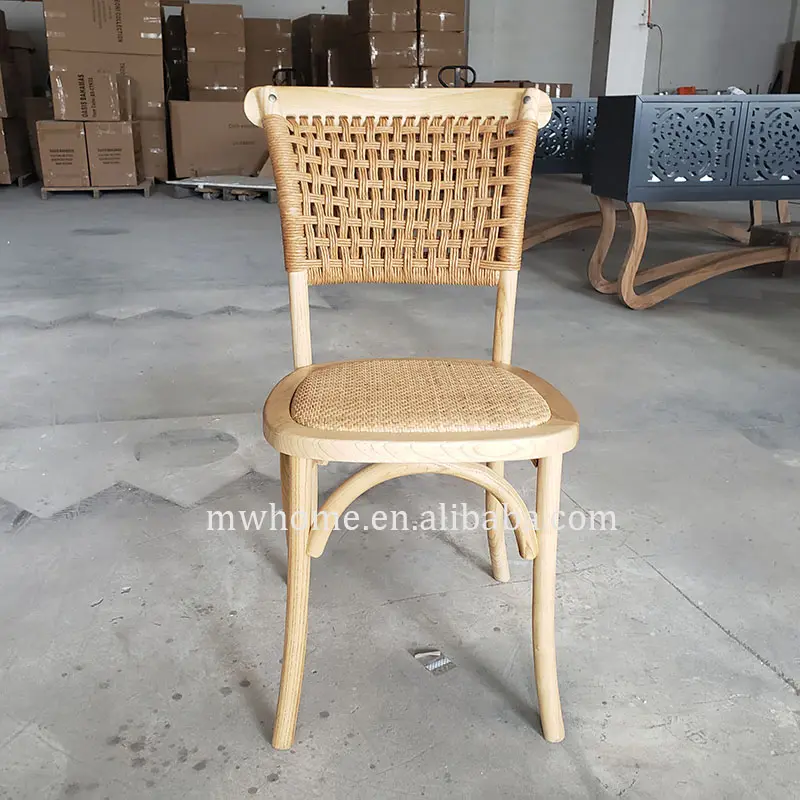 MRS WOODS Solid Wood Wicker Cane Woven Stackable Rattan Back Chairs For Event Wedding Rental Rustic Dining Chair Set