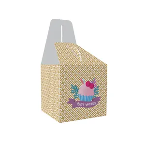 Diseño de cartón de papel cuadrado de grado alimenticio entrega con, Mango para embalaje Cupcake Macaron panadería pan para llevar/