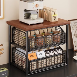IJzerhouten Chinese stijl bureau-opbergplank voor eettafel; Uitschuifbare 2-laags <span class=keywords><strong>organizer</strong></span> voor snacks, theekopjes, theezakjes, koffiemachines - Product Image 2