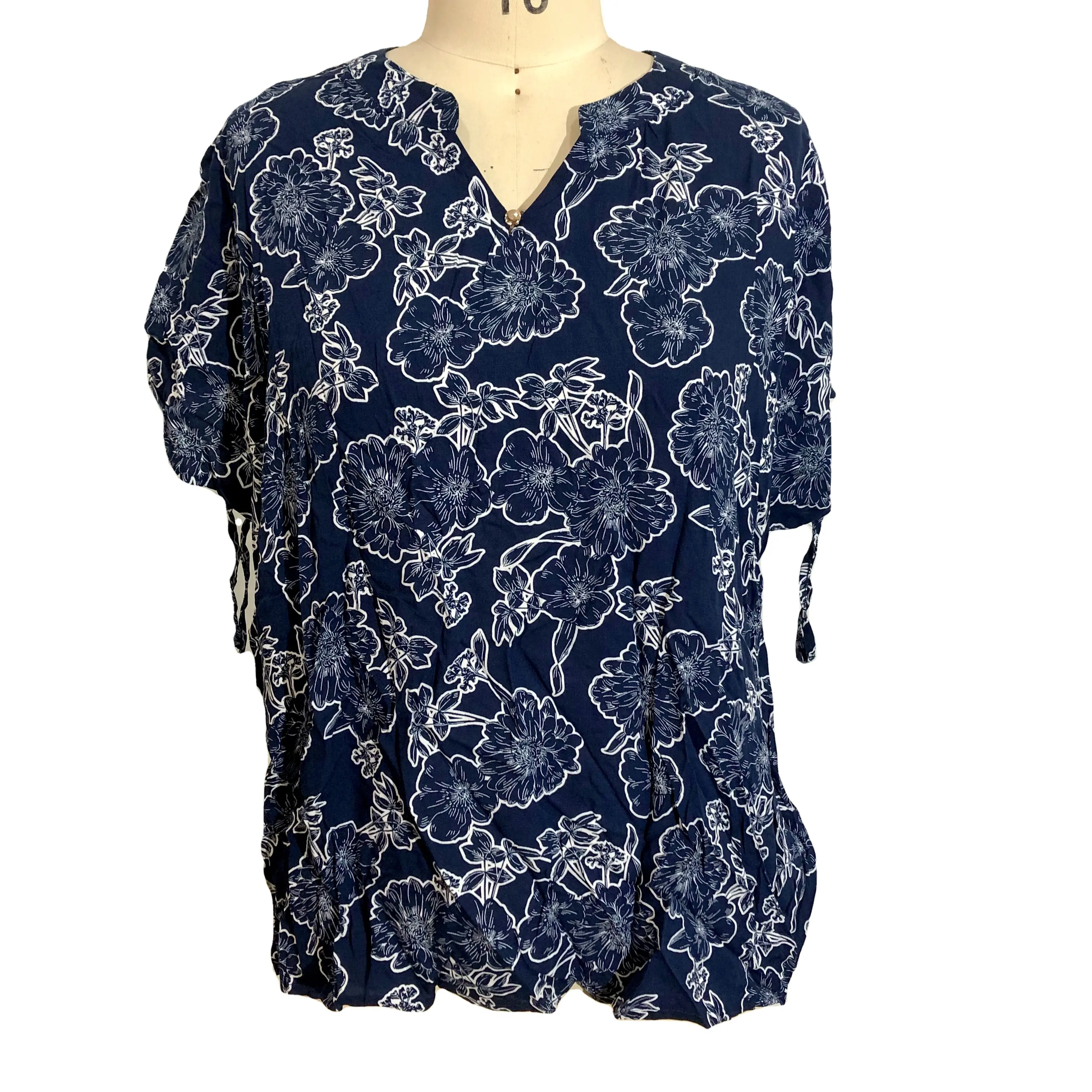Custom Women's Floral Blouses Shirts Digital Printing V-Neck Tops With Button Elastic Cord Sleeve for Ladies Navy