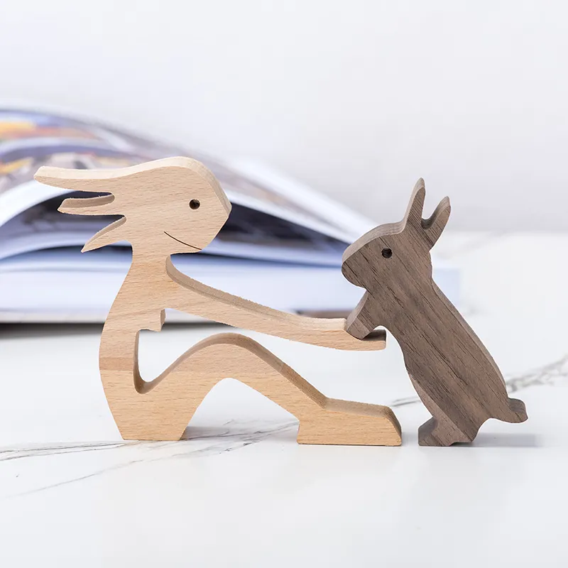 गृह सजावट हस्त मानव और खरगोश लकड़ी पिल्ला परिवार नई डिजाइन लकड़ी शिल्प छोटे गहने प्यारा जानवर महान उपहार