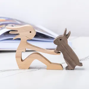 홈 장식 수제 인간과 토끼 나무 강아지 가족 새로운 디자인 나무 공예 작은 장식품 귀여운 동물 큰 선물