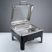 Réchaud alimentaire hydraulique doré avec couvercle en verre, ensemble de buffet rond élégant avec fenêtres, équipement de traiteur de luxe pour hôtel