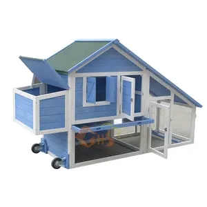 Camarena Outdoor Wooden Raised Chicken Coop with Nesting Box and Chicken Run Blue and white water-coating