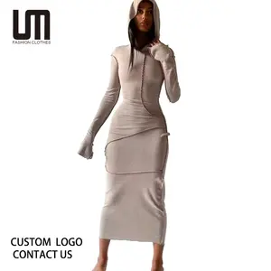 Liu Ming sıcak satış güz kış kadın rahat kapüşonlu yaka uzun kollu artı boyutu Maxi elbise