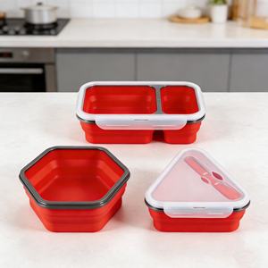 Boîte de conservation alimentaire en silicone personnalisée en gros, design multifonctionnel, qualité alimentaire, pliable, anti-fuite, 3 compartiments, pour le déjeuner - Product Image 4