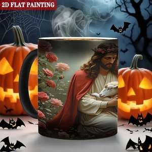 Mug isotherme noir givré 11 oz avec impression artistique Jésus et agneau, idéal pour un cadeau religieux - Product Image 2