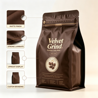 Sachet de café imprimé sur mesure, finition mate, à huit soudures latérales, pochette alimentaire refermable avec fermeture éclair, emballage stand-up refermable pour grains de café et noix