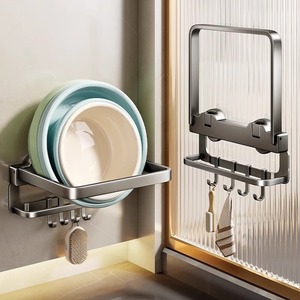 Estante de baño con ventosas y ganchos para almacenamiento en el lavabo, montaje en pared, rectangular, duradero, 4 ganchos - Product Image 1