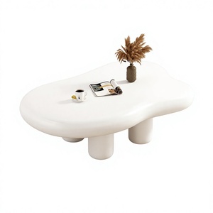 Tavolino da Caffè Moderno Minimalista in Stile Nordico, Forma di Nuvola Ondulata Bianco Crema, Piano in Vetro e Base in Legno per Soggiorno - Product Image 1