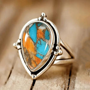 Anello in Argento con Turchese a Goccia, Montatura a Castone, Gioiello Unisex per Uso Quotidiano, T0969 - Product Image 1