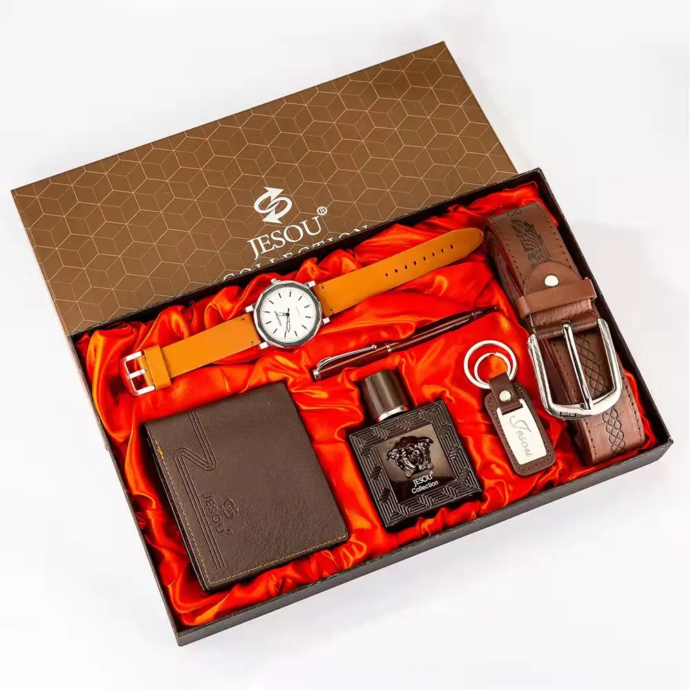 Functional Verified PU Wallet Set with Sunglasses Red Gift Box High Quality Customized Men Wallet 7-in-1 Gift Set
