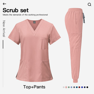Hot Sale Scrubs Set Nurse Uniform Neck Top Elastic Pants Multi-Pocket Design Polyester Spandex Unisex Hospital Clothing - Product Image 5