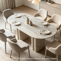 Table à manger ovale en marbre beige naturel, fabriquée à la main, table à manger de luxe en pierre massif