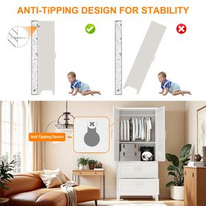 71" Metal 2-Door <b>Wardrobe</b> Cabinet with <b>Hanging</b> Rod, Drawers & Shelves, Storage Closet for Bedroom, Entryway & Office (White) - Product Image 5