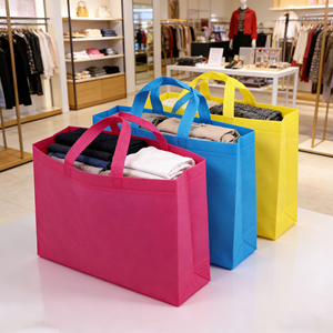 Bolsas de tela no tejida universales para publicidad de ropa, venta al por mayor del fabricante, con base angulada, logotipo serigrafiado y parche reciclable - Product Image 5