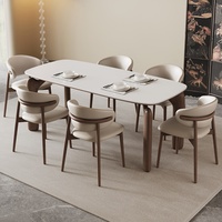 Table Scandinave en Bois Massif, Couleur Noyer, Ensemble Moderne avec Plateau en Pierre Frittée Blanc Mat et Bois de Frêne Naturel, pour 8 Personnes