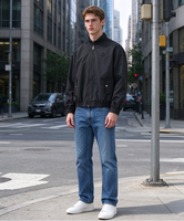 Blouson Bomber à Col Montant Zippé avec Poignets et Ourlet Côtelés, Poches à Rabat, Coupe Ample, Style Streetwear, Noir Uni, Vente en Gros Personnalisable