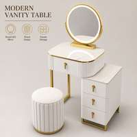 Table de toilette blanche cannelée moderne avec miroir LED rond et tiroirs dorés pour chambre d'hôtel, appartement, coiffeuse