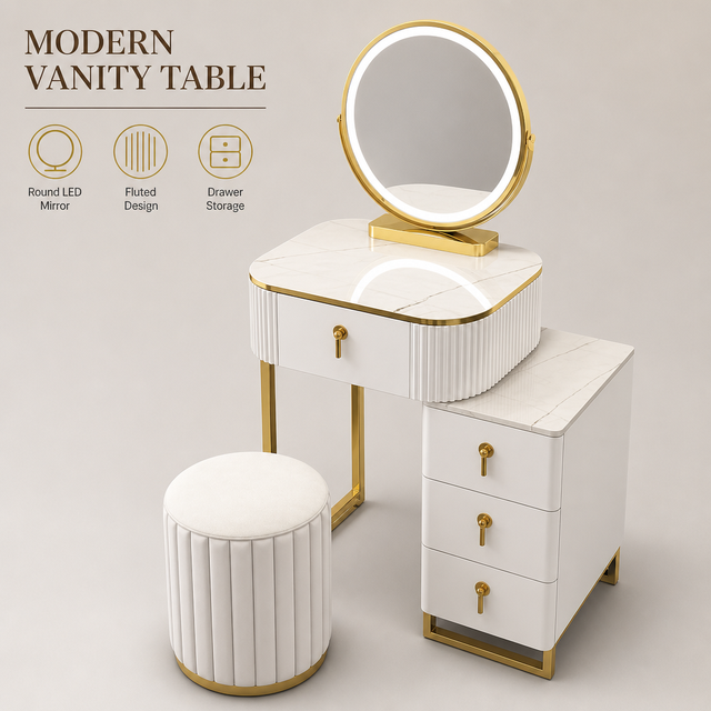 Modern Fluted White Vanity Table with Round LED Mirror and Gold Drawers for Hotel Bedroom Apartment Makeup Dresser