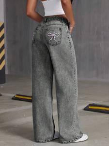 Jeans <span class=keywords><strong>de</strong></span> Lavado Oscuro para <span class=keywords><strong>Mujer</strong></span> con Bordado, Pantalones <span class=keywords><strong>de</strong></span> Cintura Alta, Pierna Recta y Ancha, Botón con Lazo, Holgados, Casuales, <span class=keywords><strong>de</strong></span> Color Sólido, Transpirables, <span class=keywords><strong>de</strong></span> Mezclilla - Product Image 3