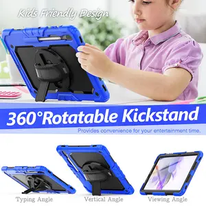 Funda de tableta de cuerpo completo a prueba de golpes para niños, con correa de mano, soporte giratorio para Samsung Galaxy Tab S7 FE 12,4 T730